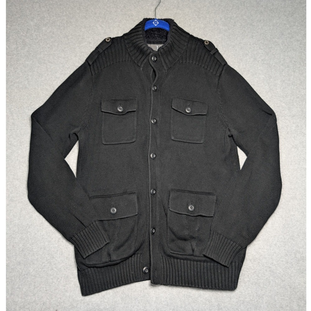 BKE Mens XL Cardigan Sweater Black Sherpa Collar Military Grunge Dark Academia